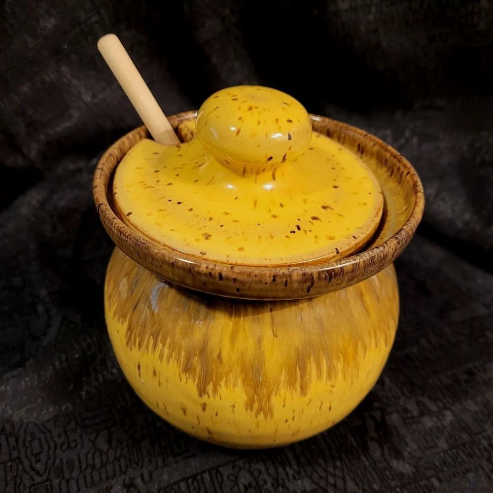Triple C Honey Pot w/ Wooden Dipper Mustard Yellow Stoneware Blue Ridge Glazed